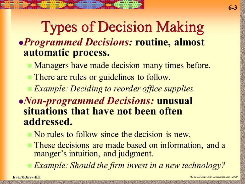 Types of Decision Making Programmed Decisions: routine, almost automatic process. Managers have made decision